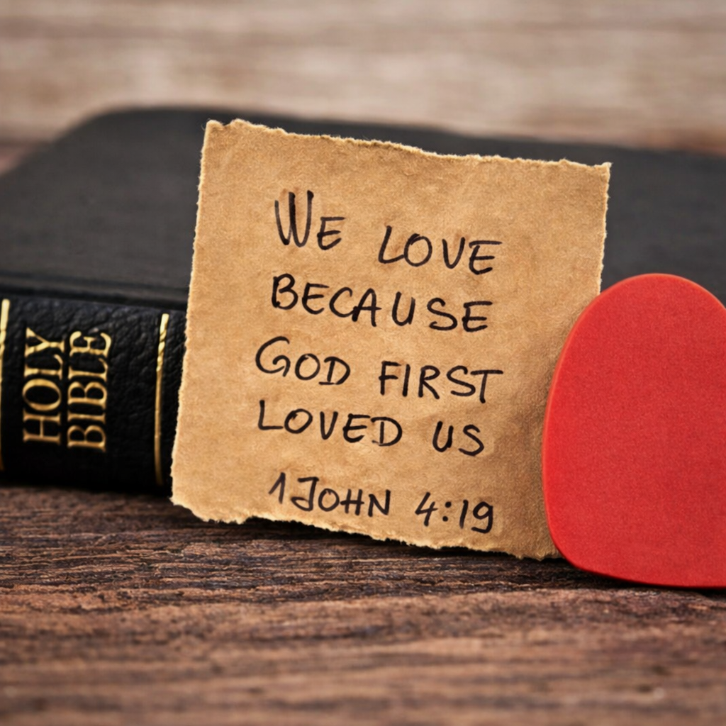 A Bible, a red heart, and a note with John 4:19 quote.
